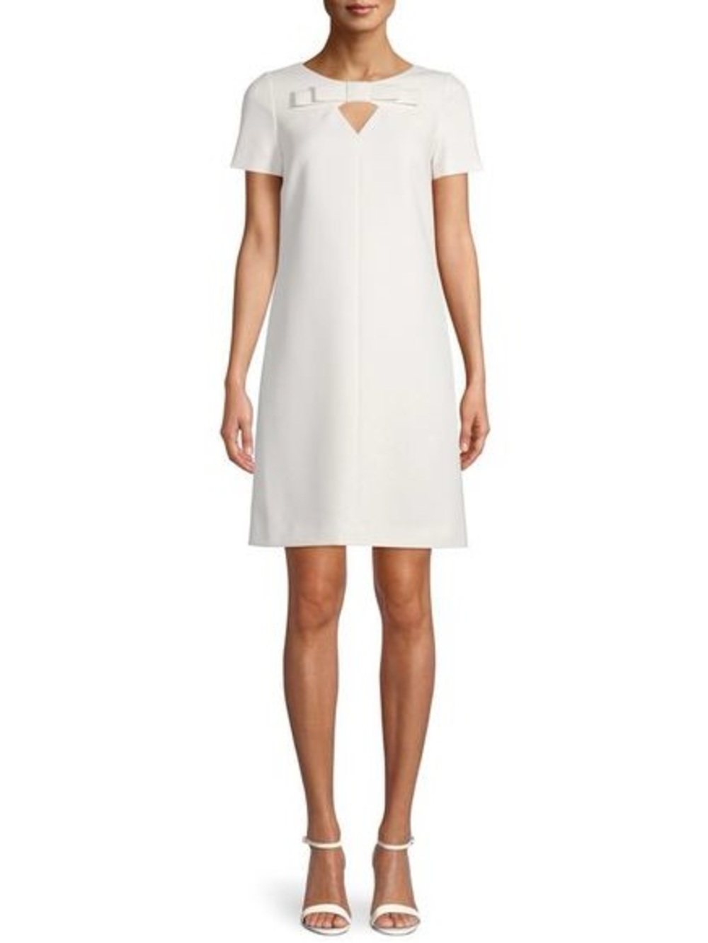 Anne Klein Ivory Short-Sleeve Mini Shift Dress with Bow Detail